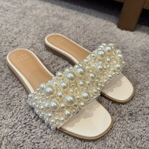 Bridal Pearl Embellished White Slide Sandals